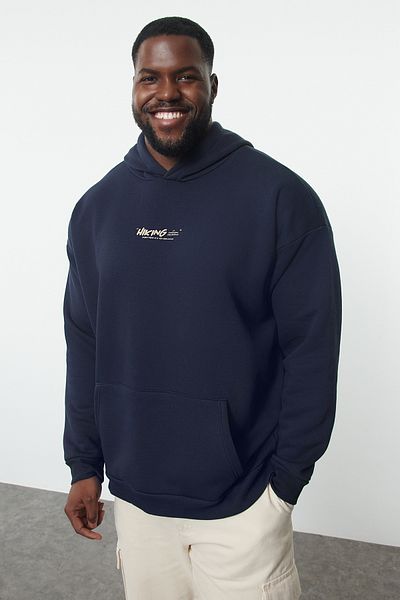 Trendyol Collection Navy Blue Oversize Hooded Oversize Sweatshirt - Back Text Printed Tmnaw25Ao00036
