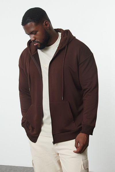 Trendyol Collection Φούτερ με κουκούλα από βαμβακερό καφέ φλις μεγάλου μεγέθους - με φερμουάρ TMNAW24AO00003