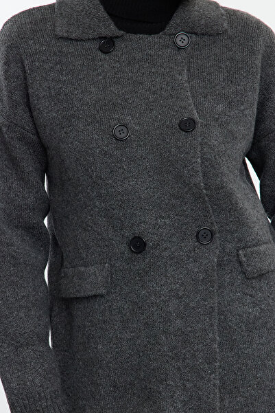 Trendyol Collection Soft Textured Anthracite Midi Knitwear Cardigan - Coat Look Twoaw25Hi00191