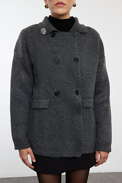 Trendyol Collection Soft Textured Anthracite Midi Knitwear Cardigan - Coat Look Twoaw25Hi00191