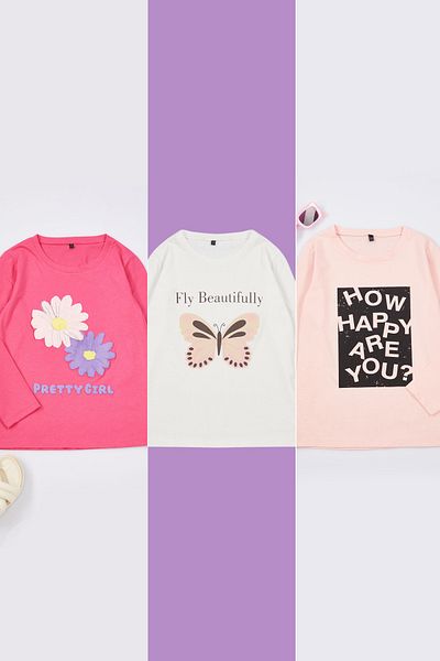 TRENDYOLKIDS 3 részes lány nyomott pamut pólókészlet - púder, ekrü, fukszia TKDAW25TS00011