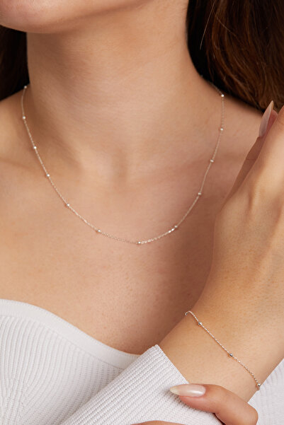 Elika Silver 925 Ayar Gümüş Top Zincir Model Kolve ve Bileklik Set