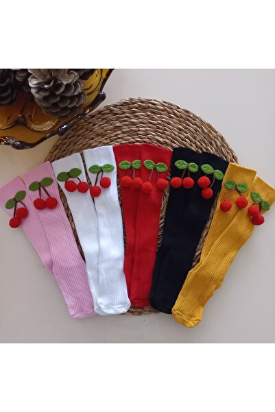 MARS BABY Baby Girl White Red Black Pink Mustard Pompom Cherry Felt Figured Knee Socks