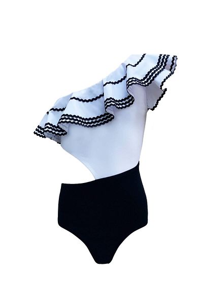 LOOK ME Κοριτσίστικο μαγιό Nessi Byrd 50uv - Σχεδιασμός με έναν ώμο με βολάν και λεπτομέρεια από πέτρα νερού