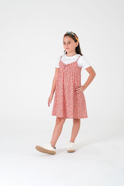 Kyron Set rochie cu imprimeu floral și tricou alb pentru fete - țesătură moale și confortabilă
