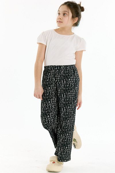 Kyron Elastic Waist Patterned Girls' Trousers - Black