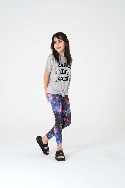 Kyron Gray Printed Girl's T-Shirt and Patterned Leggings Set - Comfortable and Stylish