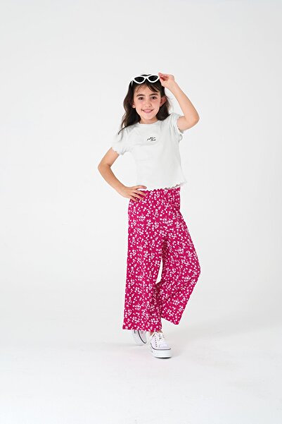 Kyron White T-shirt and Pink Flower Patterned Girl's Pants Set