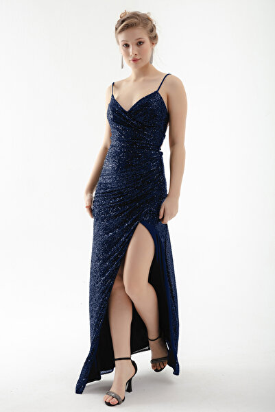 Lafaba Dámské dlouhé večerní šaty s flitry v námořnické modré - bez zad