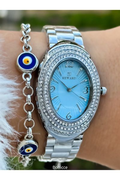 Reward Geometric Patterned Blue Mesh Wristwatch and Bracelet - Steel Cord with Vip Women's Accessories