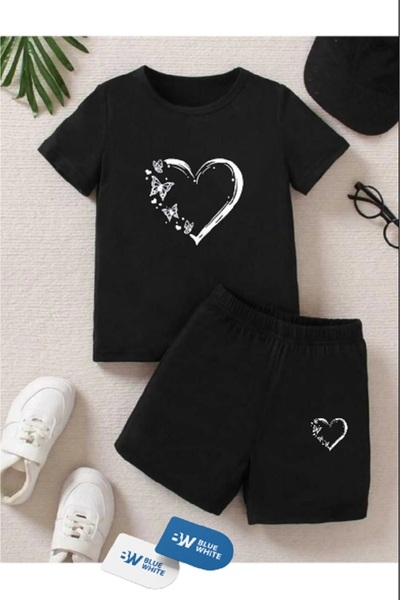 FRİENDS KİDS Girl's ''Butterfly Heart'' Printed T-Shirt-Shorts Set