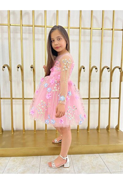 Sare Çocuk Giyim Kız Çocuk Elbise Prenses Pembe Çiçek Figürlü Tül Kabarık Kız Çocuk Abiye Elbise (1-8 YAŞ)