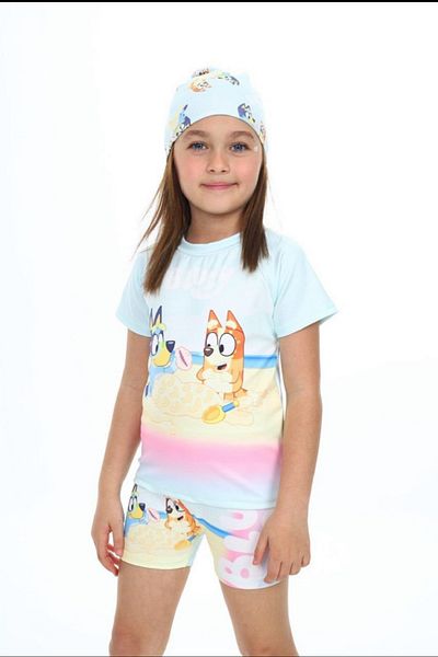 PODIUM GYM Bluey Patterned UV Protection Bonnet Swimsuit with Hat for Girl - Short Sleeve