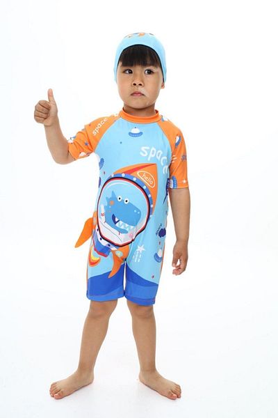 PODIUM GYM Boys' Swimsuit - New Dinosaur/Space Print, Kareoka Stitching, Long Sleeve, UV-Casino Cap, Zip-up