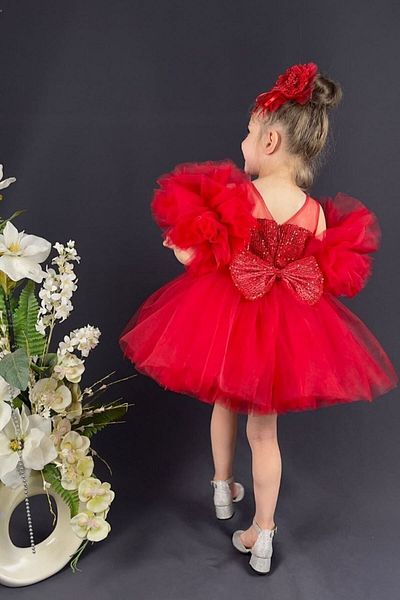 ABİYEKİDS Red Sequin Sleeve Detailed Style Children's Dress