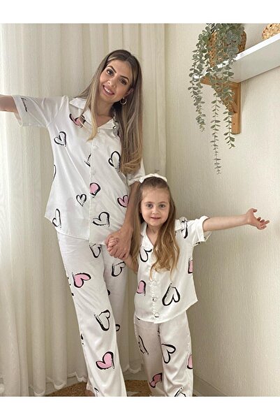 GZT TEKSTİL Szatén színű szív pizsama szett anyák napjára - anyának és lányának