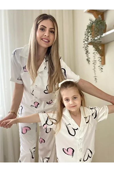 GZT TEKSTİL Mother's Day combination heart-shaped mother-girl pajama party satin (PRICE IS VALID FOR ONE SET)