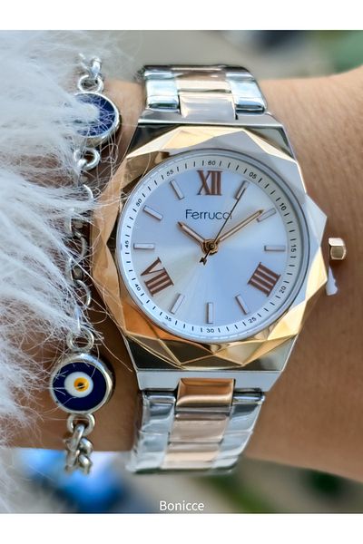 Ferrucci Dear Couple with Wrist Watch and Bracelet Gift - Steel Band, Silver/Rose Color
