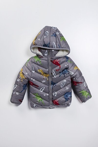 PODİUM GİYİM Sevimli Dinazor Desenli Gri Kışlık Kapüşonlu Welsoft Şişme Mont