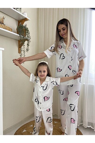 GZT TEKSTİL Szatén színű szív pizsama szett anyák napjára - anyának és lányának