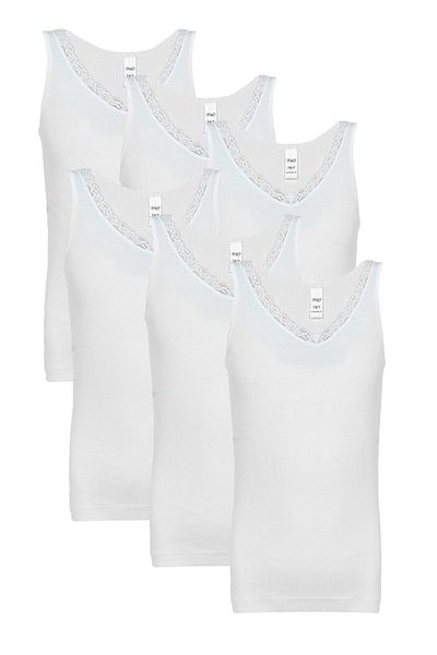 FSM1453 Tricou pentru fete din bumbac cu nervuri, cu decolteu în V, cu bretele groase, dantelă, clasic, pachet de 6 -250