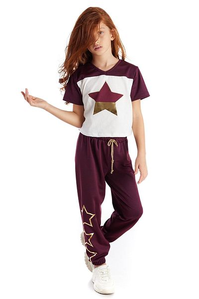 Colorinas Tricou cu mânecă scurtă pentru fetiță cu stele din folie de culoare burgundă
