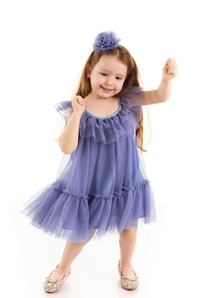 Colorinas April Girl's Party Dress with Shiny Piping Collar and Ruffled Skirt