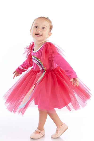 Colorinas Rochie tutu pentru fetiță, cu mâneci lungi, brodate cu paiete, curcubeu