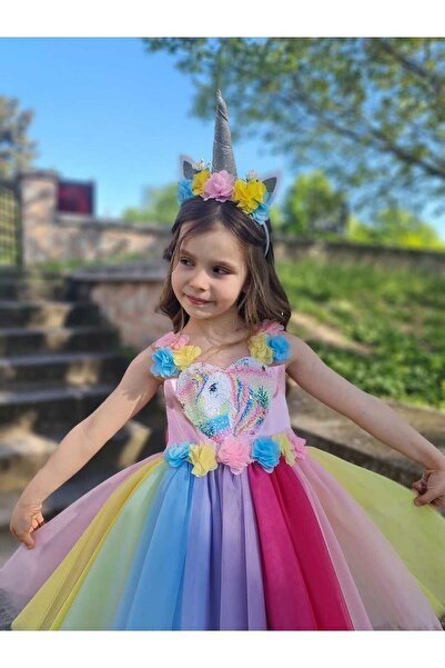 Sare Çocuk Giyim Unicorn Kız Çocuk Çiçekli Abiye Elbise + Taç