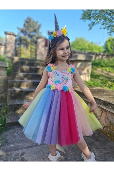 Sare Çocuk Giyim Unicorn Kız Çocuk Çiçekli Abiye Elbise + Taç