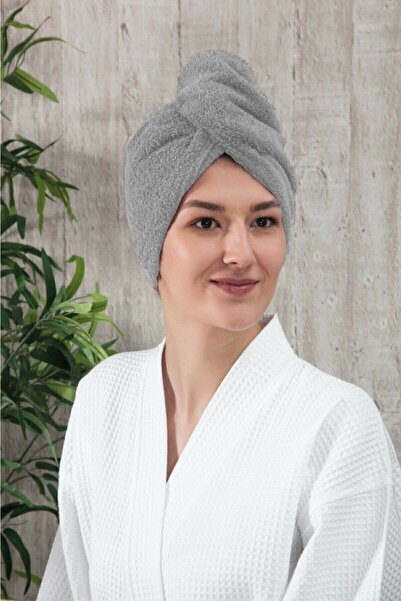 PERFECTWOMEN Düz Eponj Düğmeli Havlu Gri Saç Kurulama Bonesi Saç Havlusu Kutulu Ambalajlı Üründür.