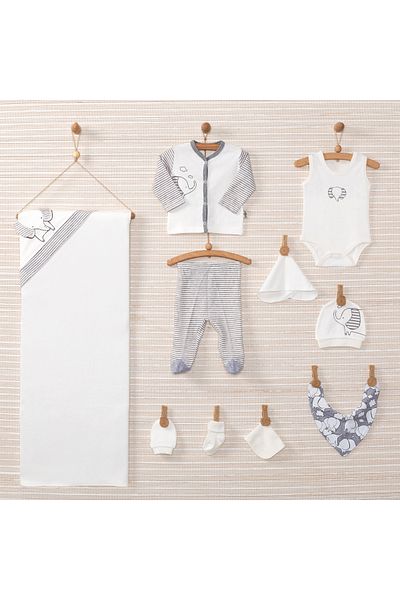 Bebbek Baby Boy White Gray Junior Elephant 11-Piece Cotton Hospital Exit 21 107
