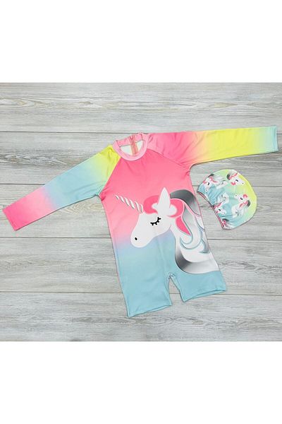 My Kids Wear Girl's Full Body Back Zipper Swimsuit Super Pattern Printed Bonnet Suit