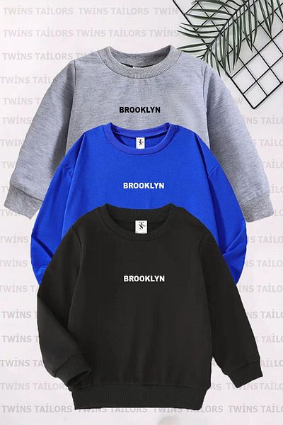 twins tailors Унисекс суитчър с кръгло деколте и щампа Brooklyn, комплект от 3 в черно, синьо и сиво