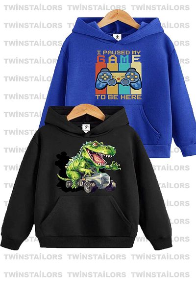 twins tailors Детски суитшърт с качулка и щампа на динозавър, синьо-черен, саксофон - комплект от два броя