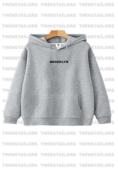 twins tailors Brooklyn Baskılı Unisex Ikili Paket Saks Mavisi-gri Kapüşonlu Çocuk Sweatshirt Hoodie