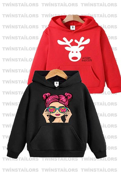 twins tailors Girl's Double PacK - Red and BlacK Hooded Sweatshirt Hoodie, Girl Printed