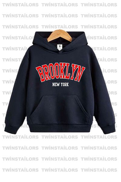 twins tailors Детски суичър с качулка с щампа New York-Brooklyn унисекс - сиво/тъмно синьо, с качулка, двойна опаковка