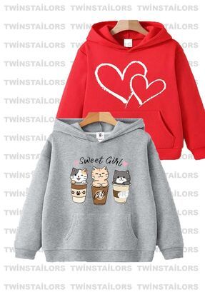 twins tailors Sweet Girl Kedi Bask l K z Cocuk kili Paket Gri K rm z Kapu onlu Cocuk Sweatshirt Hoodie Fiyat Yorumlar Trendyol