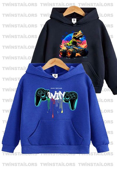 twins tailors Унисекс суитшърт с качулка и щампа с принт на игрова конзола - саксофонно синьо/тъмносиньо, пакет от 2