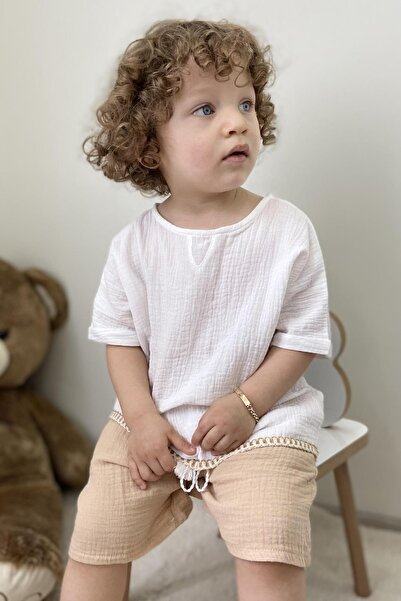 meqlife Unisex Şerit Detaylı Çocuk Müslin Gömlek Şerit Beyaz