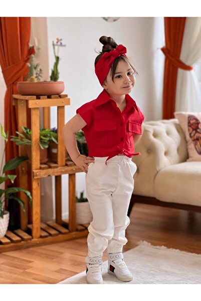 meqlife Bağlamalı Kız Çocuk Gömlek Krop Bandana Hediye Kırmızı