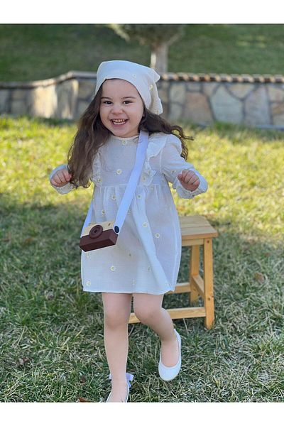 meqlife Rochie Boemă Brodată Muslină Organică Daisy 1-10 Ani Ecru