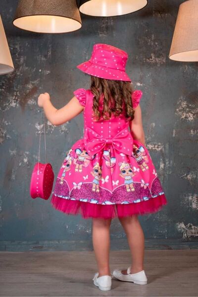 EFE KIDS Kız Çocuk Barbie Baskılı Şapka Ve Çanta Detaylı Çocuk Abiyesi