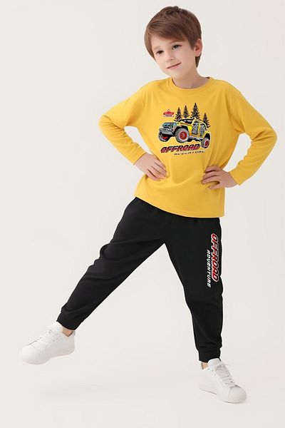 panios kids Offroad Printed Boys' Rubber Waist Detailed Bottom-Top Yellow Tracksuit Set