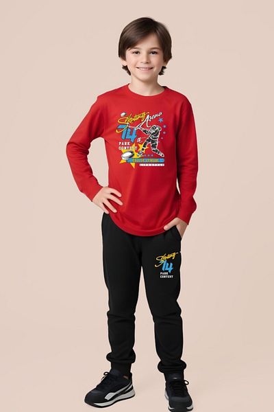 YA KO KİDS Strong Arena Printed Boys' Round Neck Double Pocket Bottom-Top Red Suit