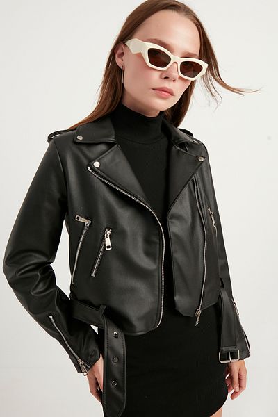MEECY Schwarze Damen-Lederjacke mit Reißverschluss und detailliertem Reißverschluss
