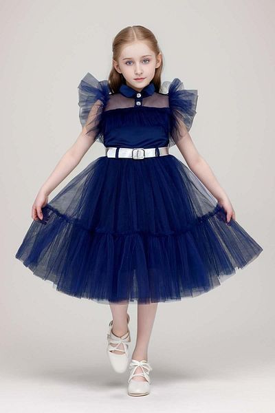 Riccotarz Navy Blue Tulle Detailed Girl's Yoğmus Dress - Shirt Collar Wednesday
