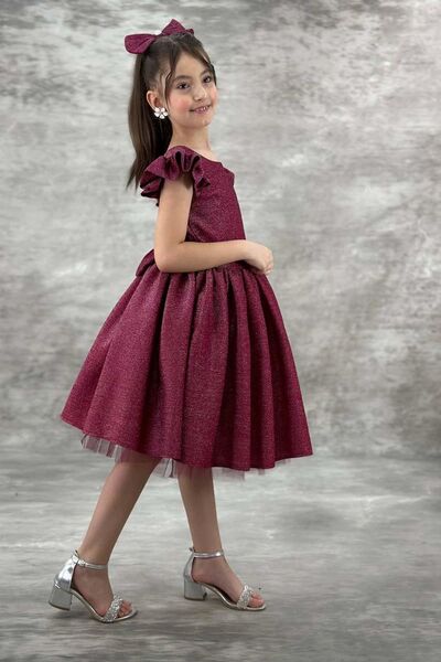 Riccotarz Μωβ Glittering Delica Girls Dress - Ruffle Off The Shoulder