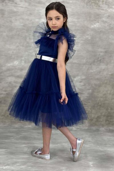 Riccotarz Navy Blue Tulle Detailed Girl's Yoğmus Dress - Shirt Collar Wednesday